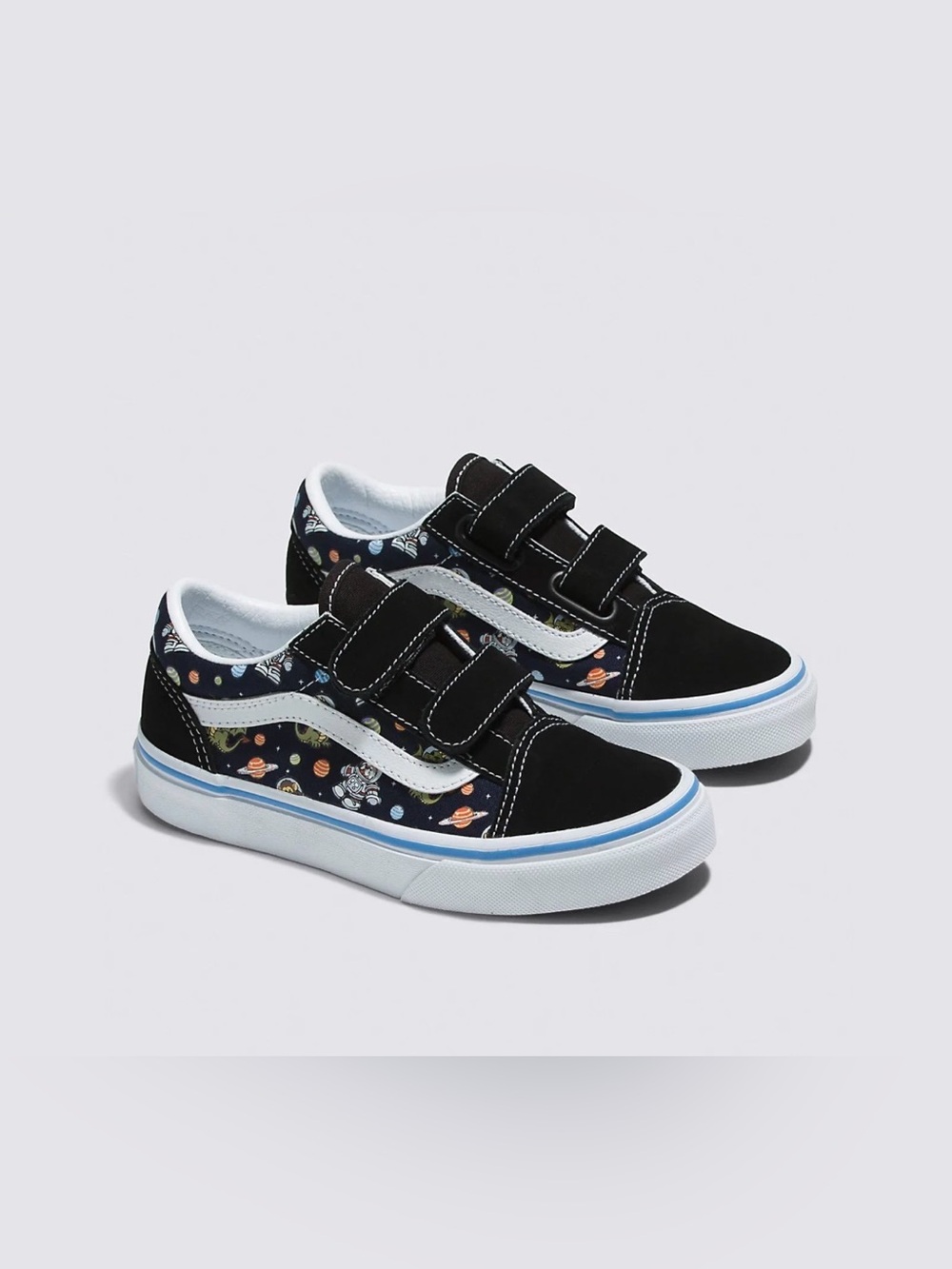 Vans Kids Old Skool V shoes in the "Glow Cosmic Zoo Black/Blue" Pattern